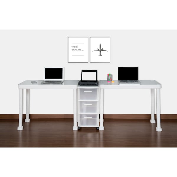 Multi-Desk Set W/Rolling Storage Cart In White